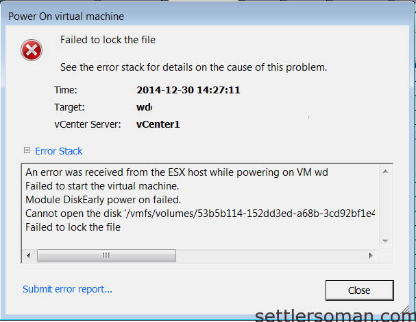 VMware Failed to lock the file