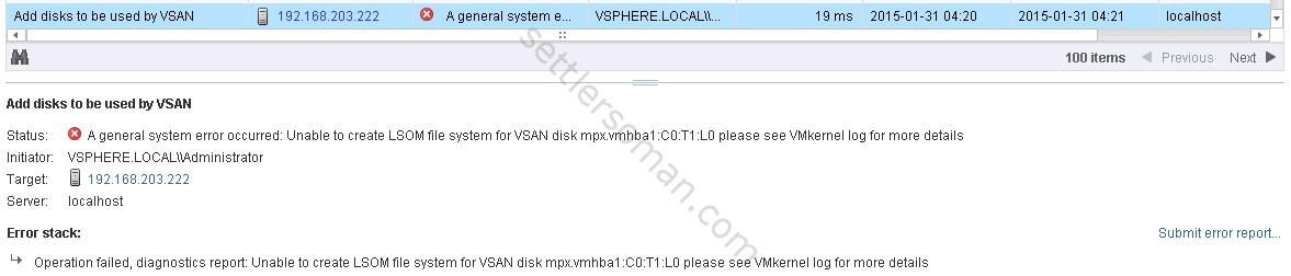 Unable to create LSOM file system for VSAN disk