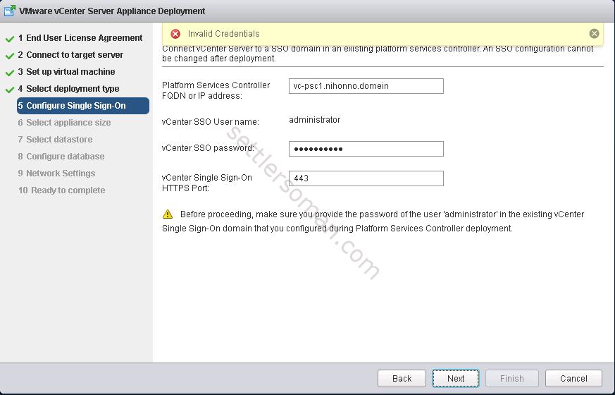Invalid credentials appears during connecting vCenter Server with external Platform Service Controller in vSphere 6